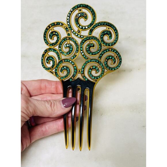 Antique Ornate Celluloid Hair Comb Green Rhinestones Art Nouveau - Picture 2 of 16